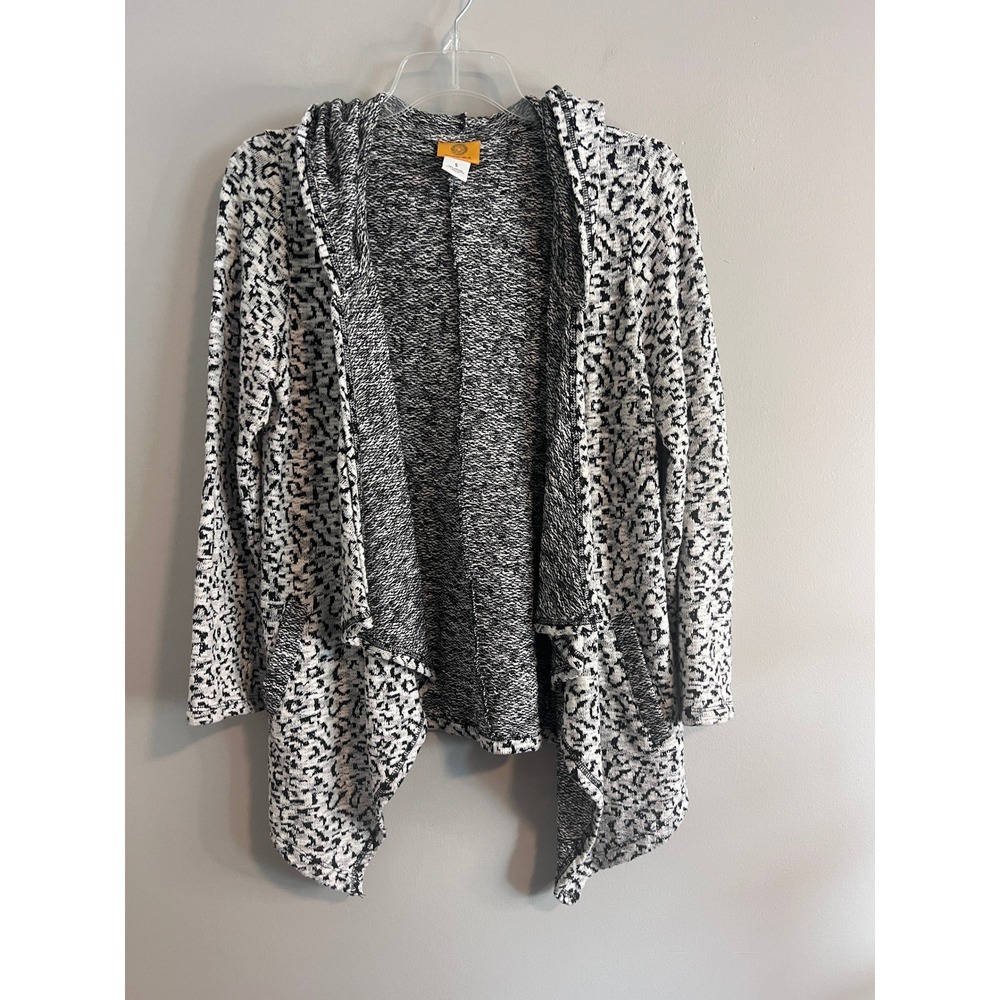Ruby Rd Womens Black White Textured Knit Hooded Open Front Cardigan Small
